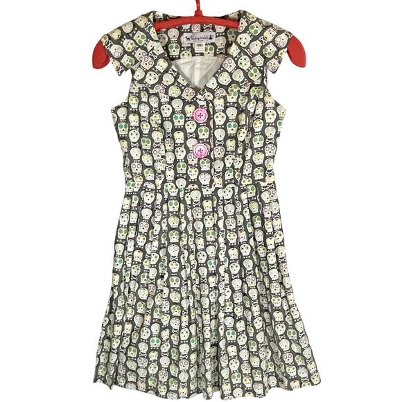 Beebop & Wally New York Retro Style Dress Sz MED Gray Skull Day of Dead Cotton - Picture 1 of 11